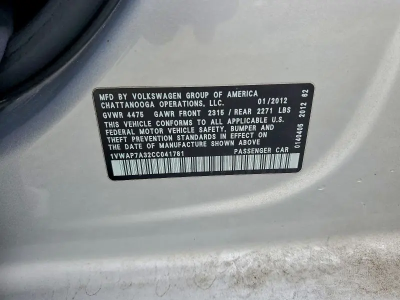 2012 VOLKSWAGEN PASSAT S  