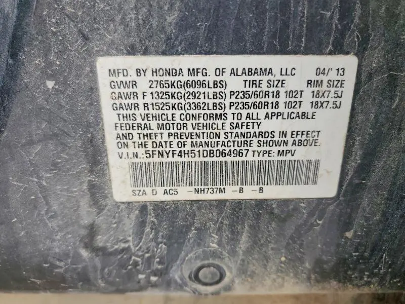 2013 HONDA PILOT EXL  