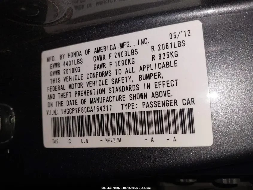 2012 HONDA ACCORD 2.4 EX-L