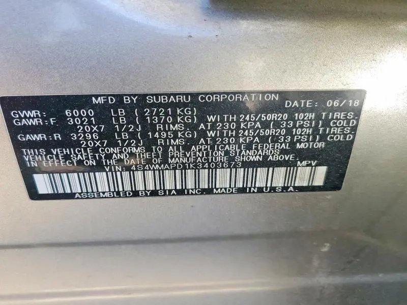 2019 SUBARU ASCENT LIMITED  