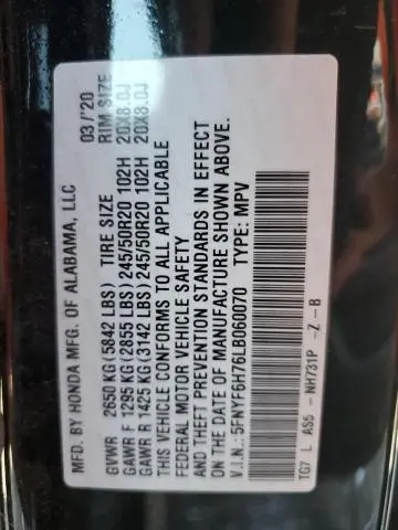 2020 HONDA PILOT BLACK  