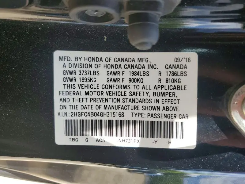2016 HONDA CIVIC LX  