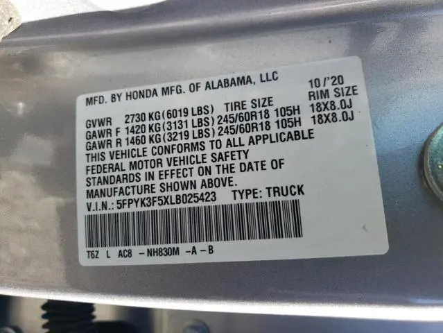 2020 HONDA RIDGELINE RTL  