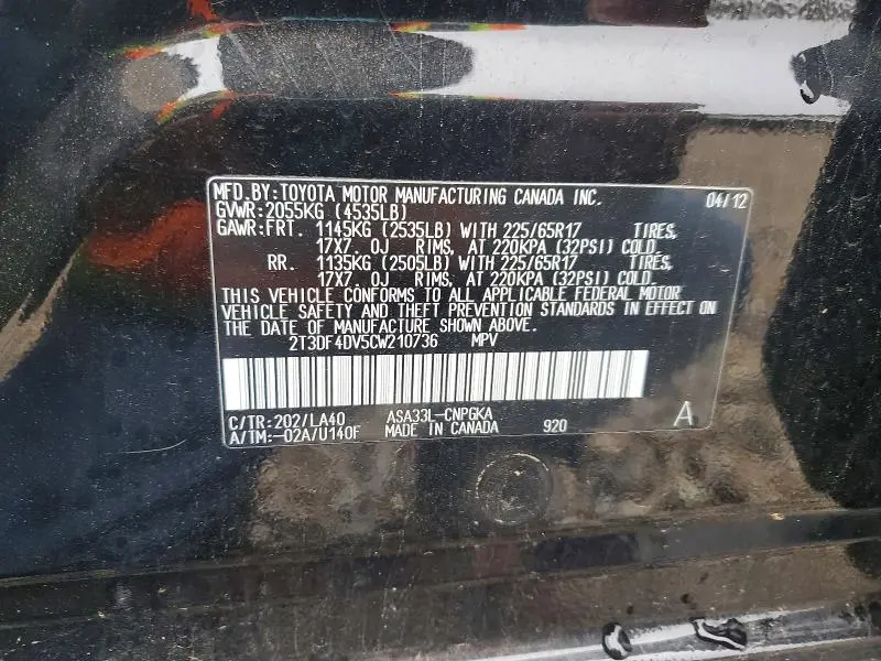 2012 TOYOTA RAV4 LIMITED  