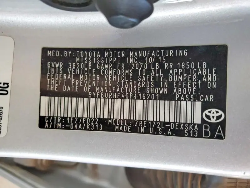 2016 TOYOTA COROLLA S  