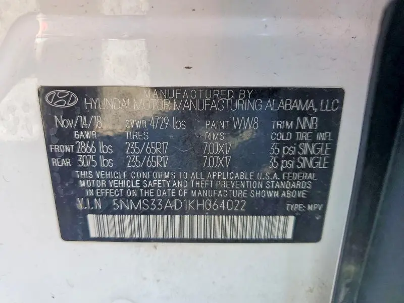 2019 HYUNDAI SANTA FE SEL 2.4L  