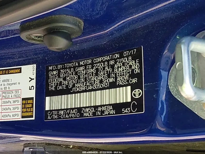 2017 TOYOTA PRIUS TWO