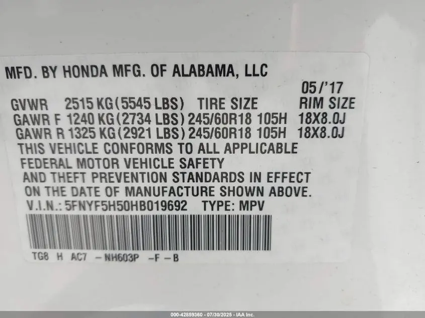 2017 HONDA PILOT EX-L