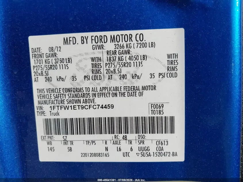2012 FORD F-150 FX4/KING RANCH/LARIAT/PLATINUM/XL/XLT