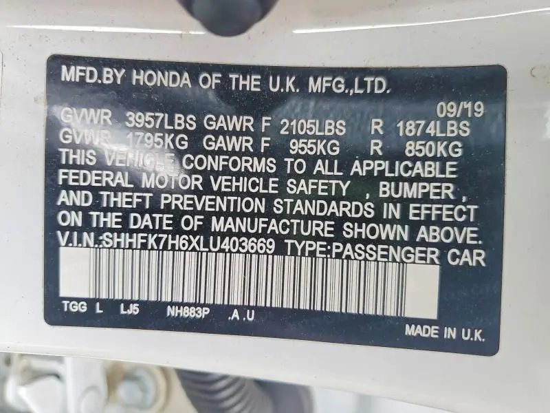 2020 HONDA CIVIC EX  