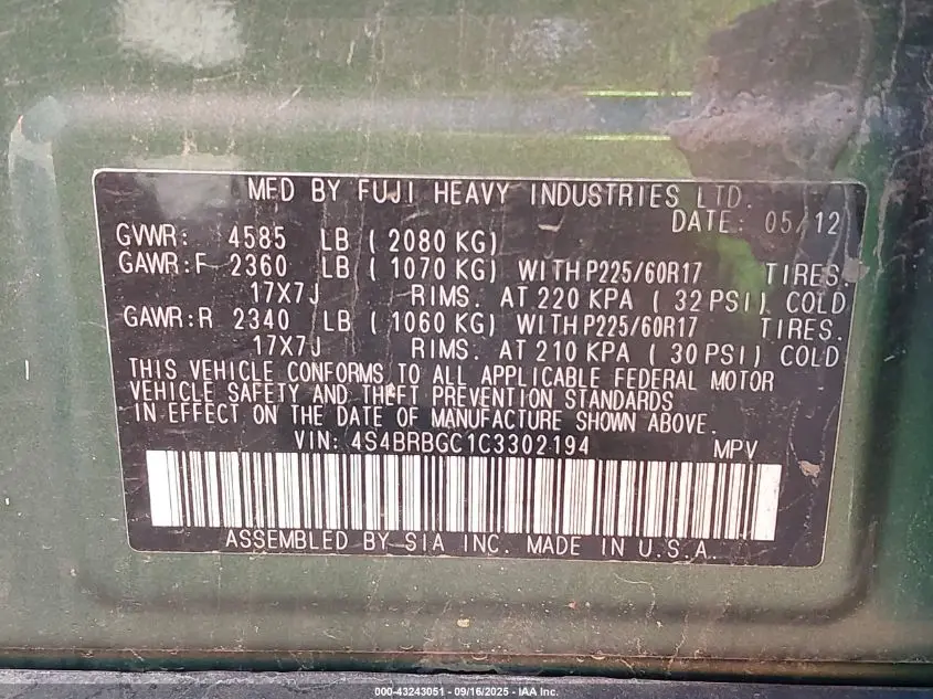 2012 SUBARU OUTBACK 2.5I PREMIUM