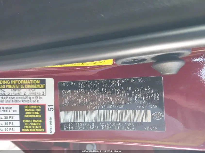 2018 TOYOTA CAMRY LE