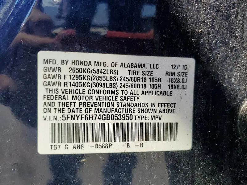 2016 HONDA PILOT EXLN  
