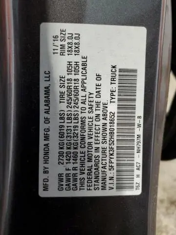 2017 HONDA RIDGELINE RTL  