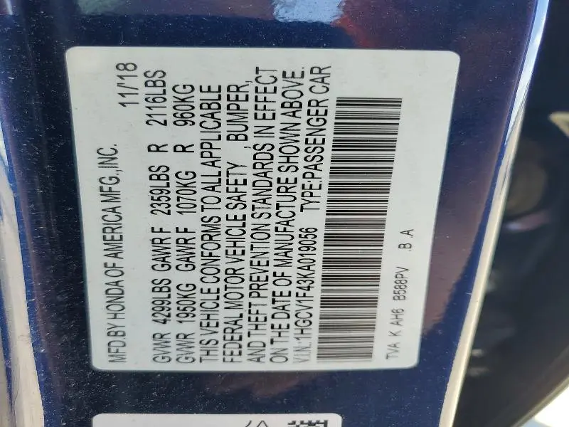2019 HONDA ACCORD   