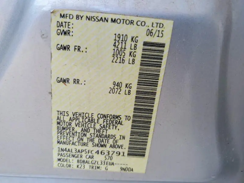2015 NISSAN ALTIMA 2.5 S  