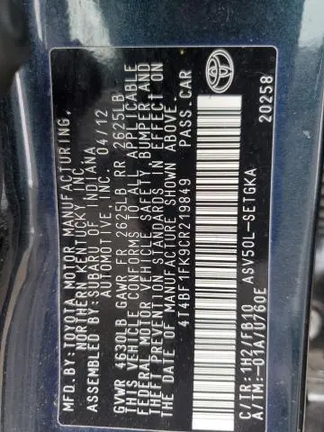 2012 TOYOTA CAMRY BASE  