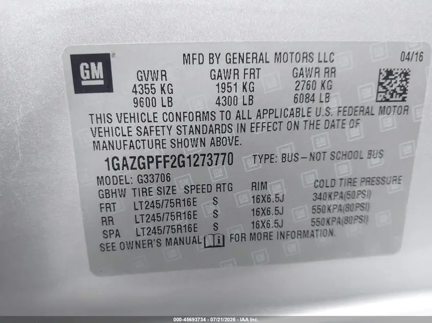 2016 CHEVROLET EXPRESS 3500 LT