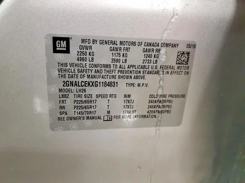 2016 CHEVROLET EQUINOX LT  