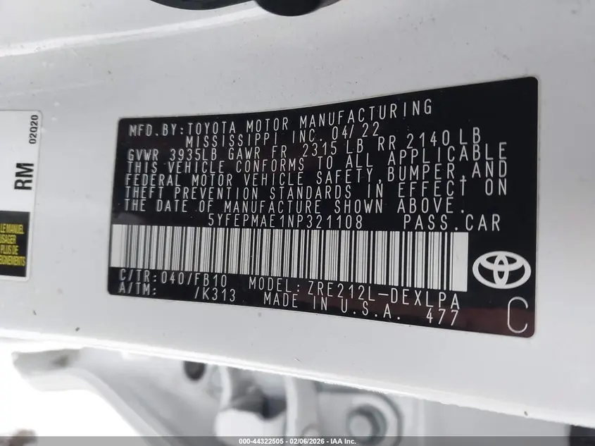 2022 TOYOTA COROLLA LE