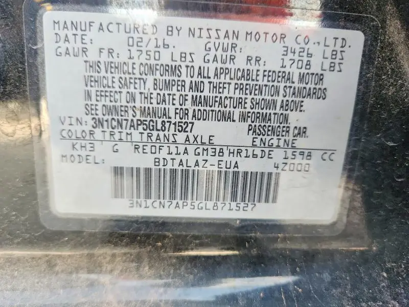 2016 NISSAN VERSA 1.6 S PLUS  