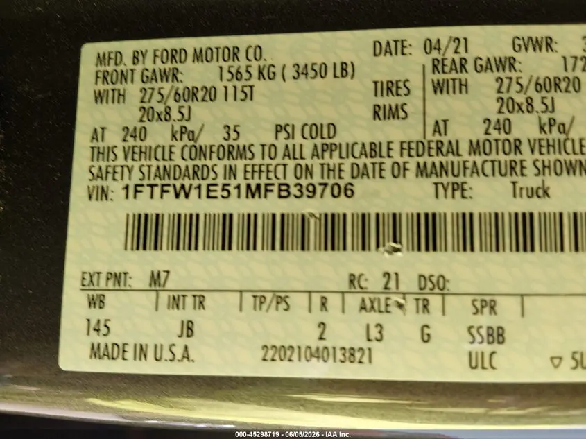 2021 FORD F-150 XL