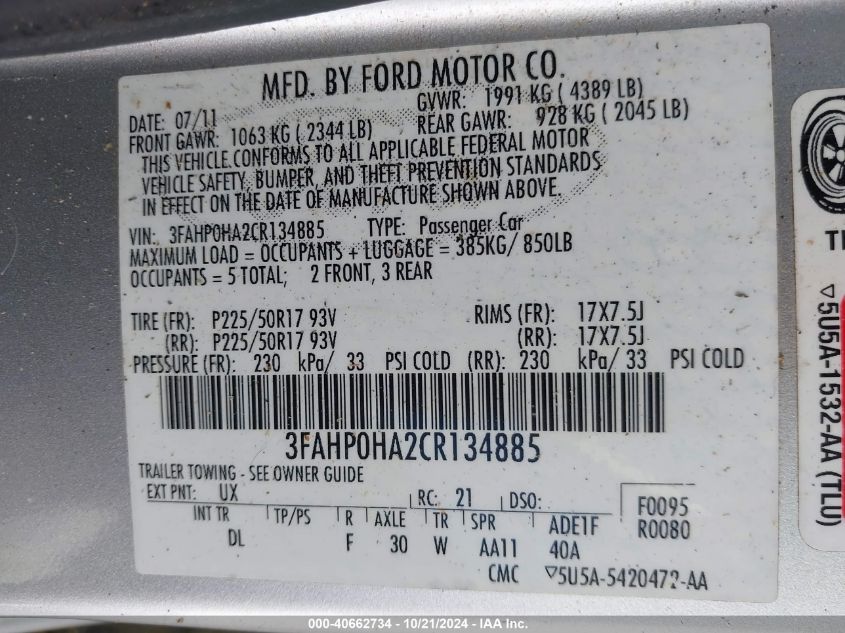 2012 FORD FUSION SE