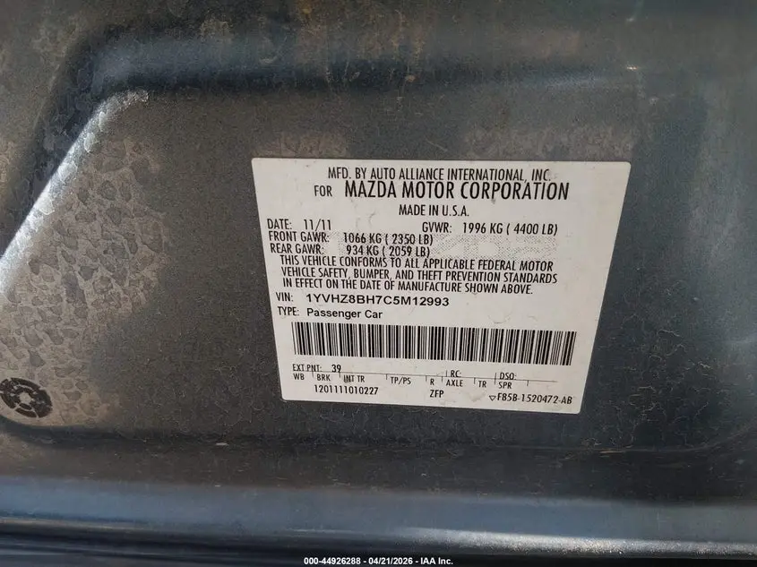 2012 MAZDA MAZDA6 I SPORT