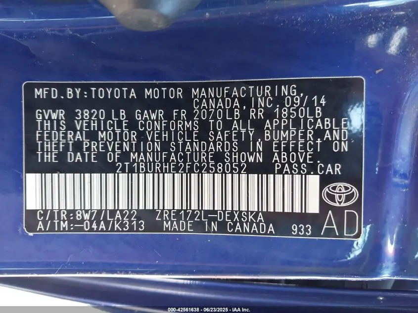 2015 TOYOTA COROLLA S PREMIUM