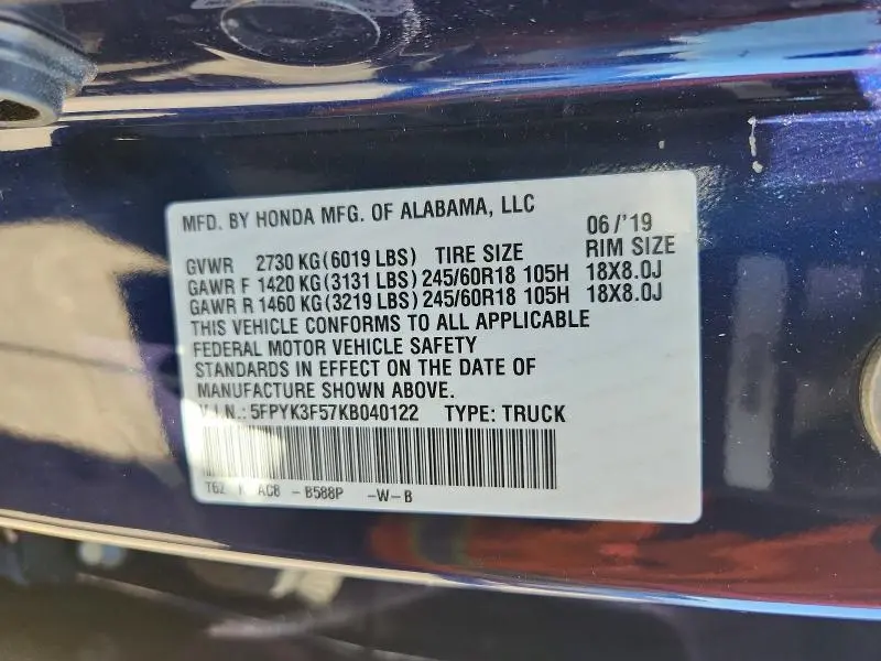 2019 HONDA RIDGELINE RTL  