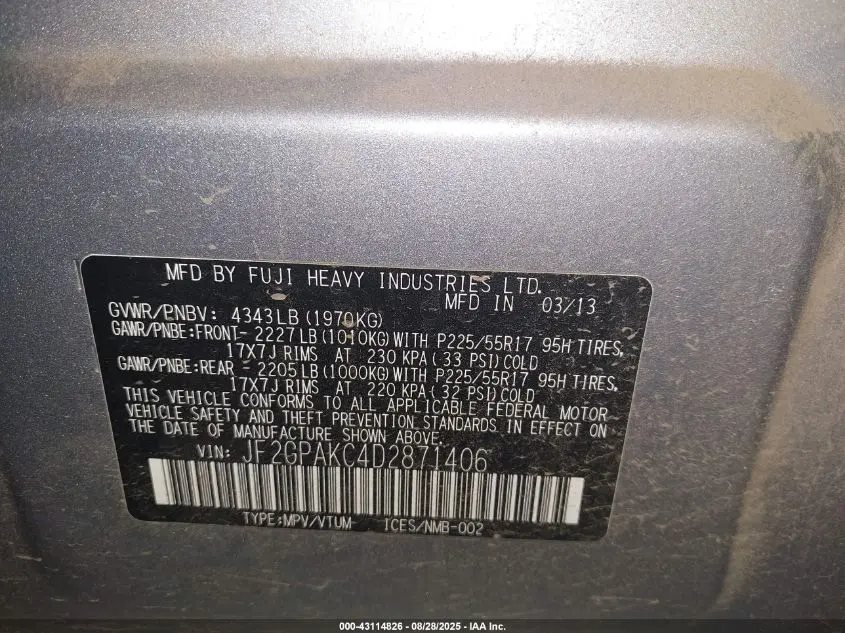 2013 SUBARU XV CROSSTREK 2.0I LIMITED