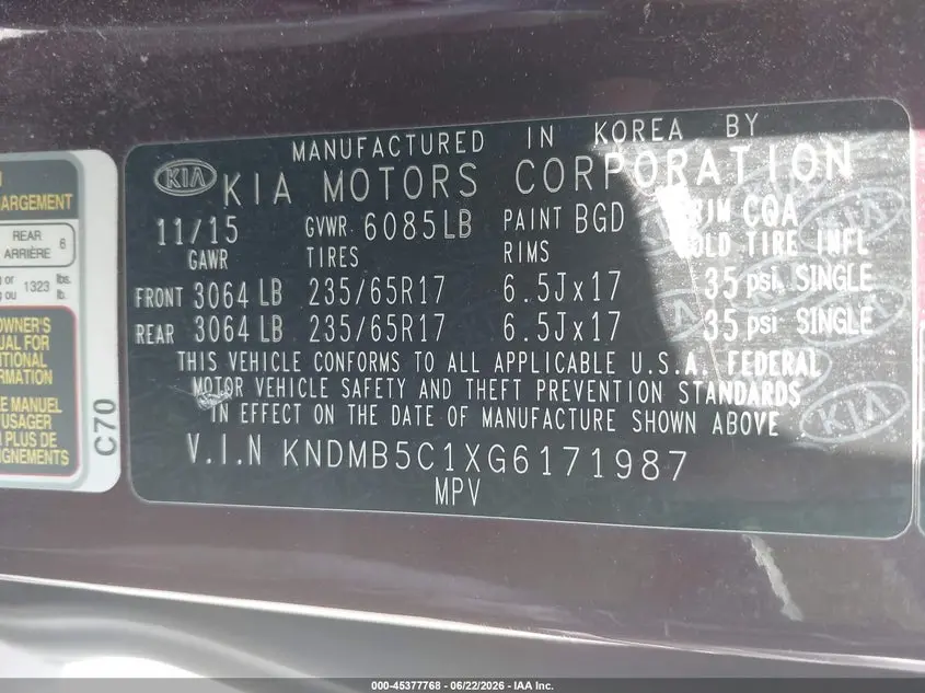 2016 KIA SEDONA LX