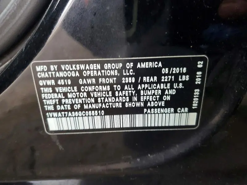 2016 VOLKSWAGEN PASSAT S  