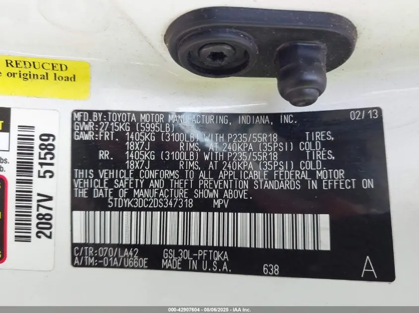 2013 TOYOTA SIENNA LIMITED V6 7 PASSENGER