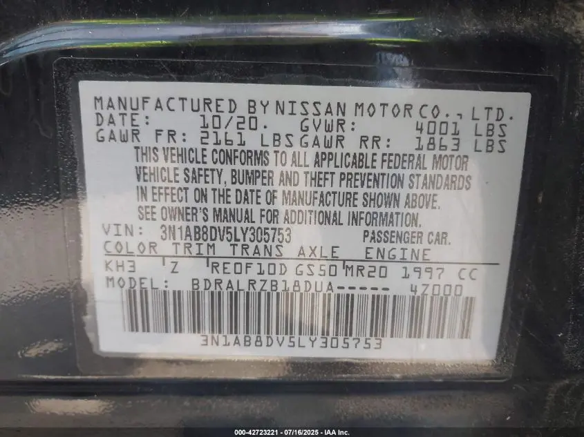 2020 NISSAN SENTRA SR XTRONIC CVT
