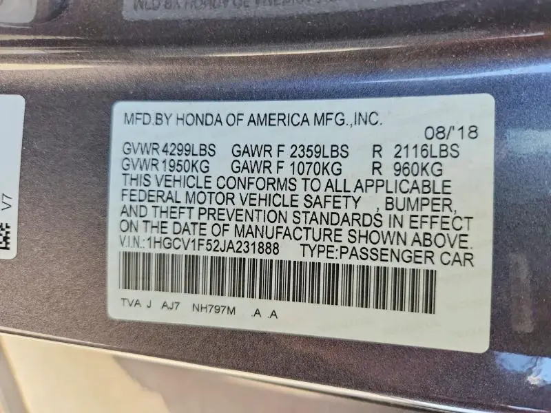 2018 HONDA ACCORD EXL  