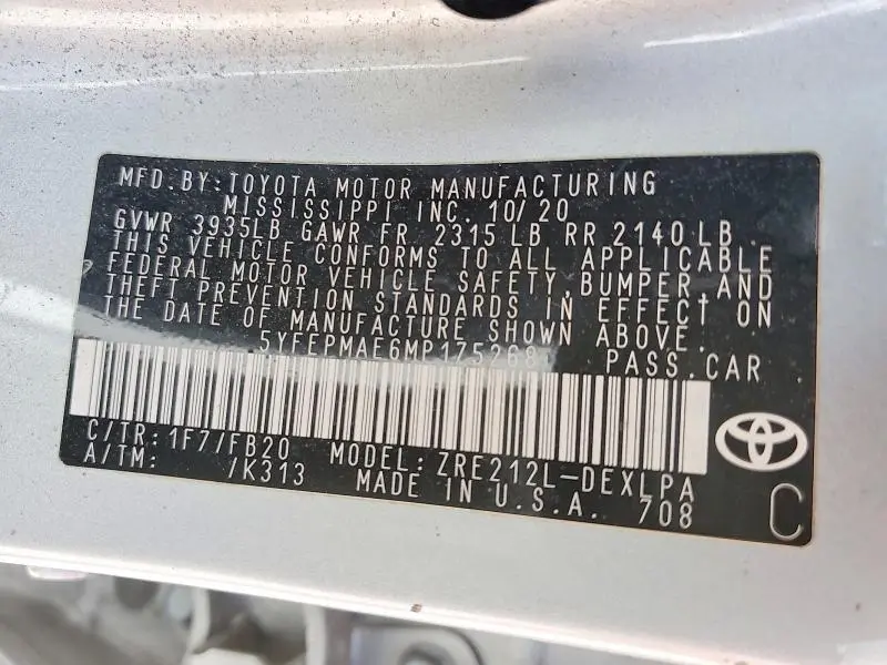 2021 TOYOTA COROLLA LE  