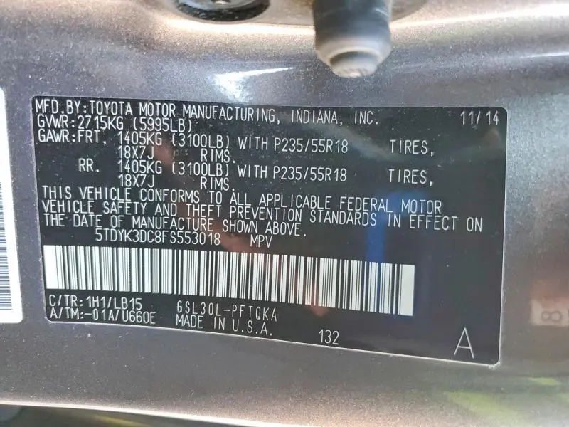 2015 TOYOTA SIENNA XLE  