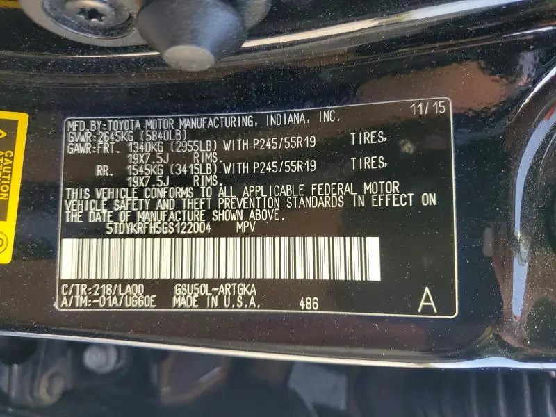2016 TOYOTA HIGHLANDER LIMITED PLATINUM  