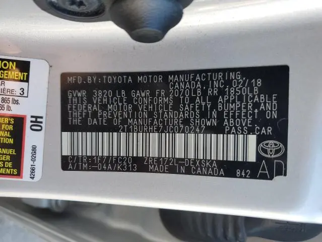 2018 TOYOTA COROLLA L  