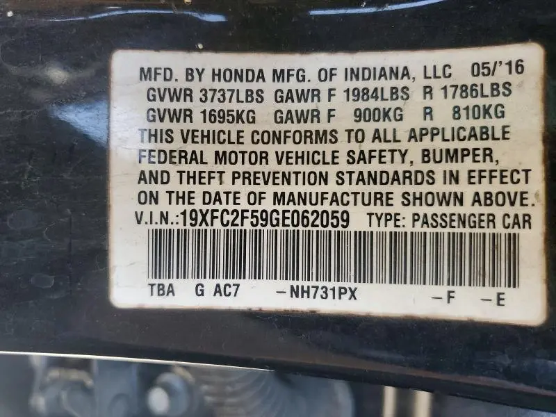 2016 HONDA CIVIC LX  