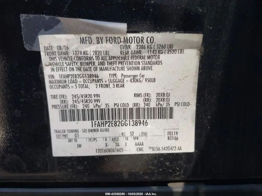 2016 FORD TAURUS SEL