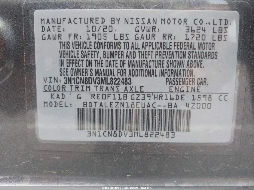 2021 NISSAN VERSA S XTRONIC CVT