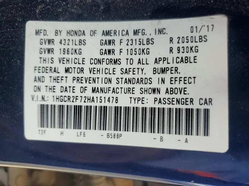 2017 HONDA ACCORD EX  