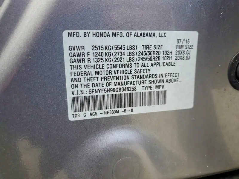 2016 HONDA PILOT TOURING  