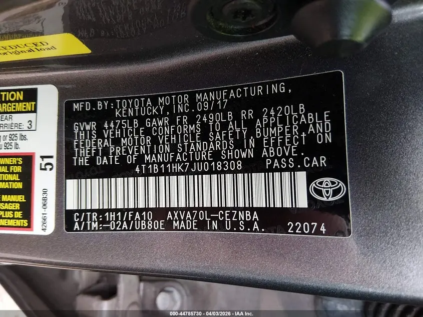 2018 TOYOTA CAMRY LE