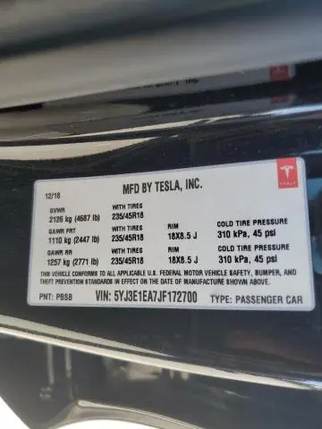 2018 TESLA MODEL 3   
