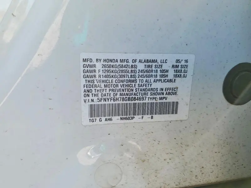 2016 HONDA PILOT EXLN  