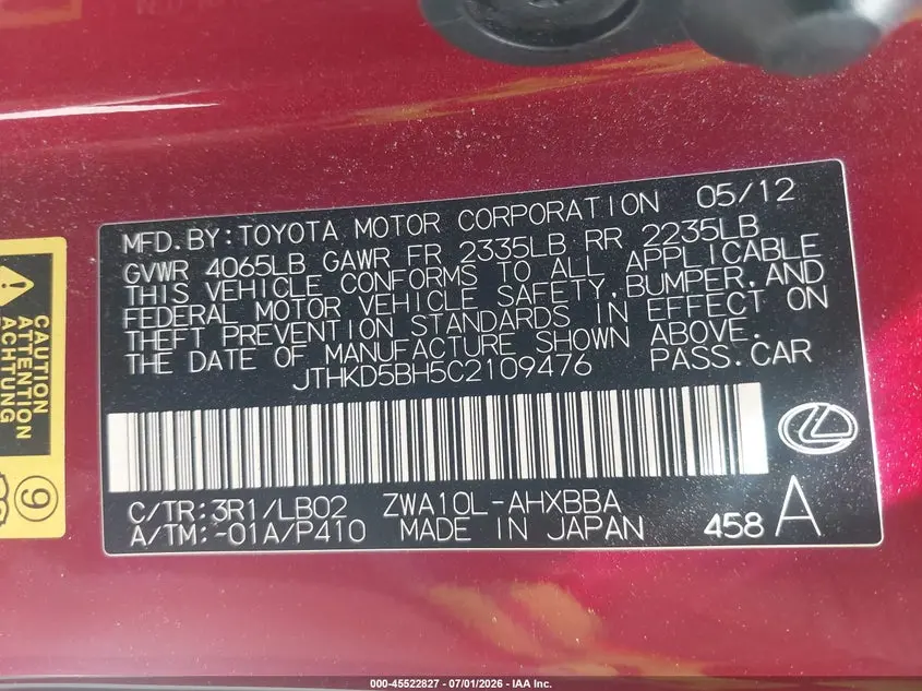 2012 LEXUS CT 200H PREMIUM