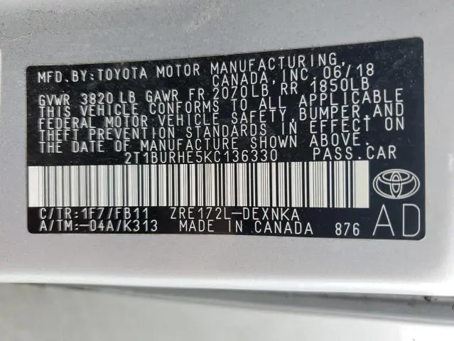 2019 TOYOTA COROLLA L  